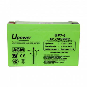 Upower - Rechargeable battery - AGM lead-acid technology - Voltage 6 V - Capacity 7.0 Ah - 100 x 151 x 34 mm / 1150 g - For backup or direct use