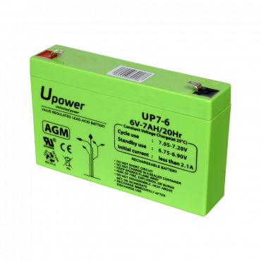 Upower - Rechargeable battery - AGM lead-acid technology - Voltage 6 V - Capacity 7.0 Ah - 100 x 151 x 34 mm / 1150 g - For backup or direct use