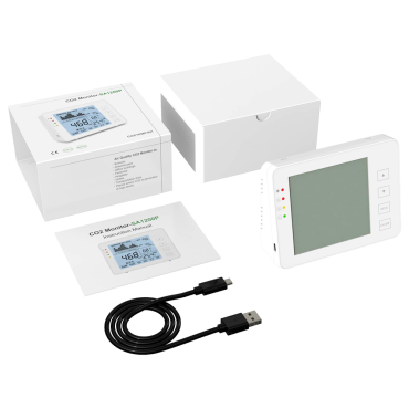 Temperatuur- en vochtigheidsmeter van CO2, - Met door de gebruiker programmeerbaar visueel en akoestisch alarm - Maximale / minimale waarde - Meetbereik van CO2 0 ~ 5000 ppm - Capaciteit om gegevens op te slaan tot 1 week