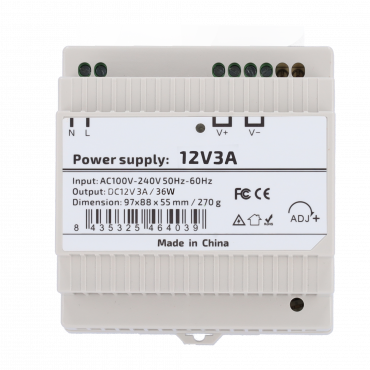 Power supply - DC output 12V 3A / 36W - Input voltage AC 100V ~ 240V 50Hz-60Hz - 97 (D) x 55 (H) x 88 (W) mm - DIN rail mounting - Protection: Overload/Overvoltage/Short Circuit