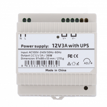 Power supply - DC output 12V 3A / 36W - Input voltage AC 100V ~ 240V 50Hz-60Hz - 97 (D) x 55 (H) x 88 (W) mm - DIN rail mounting - Protection: Overload/Overvoltage/Short Circuit - With UPS function