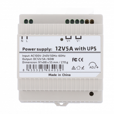 Power supply - DC output 12V 5A / 60W - Input voltage AC 100V ~ 240V 50Hz-60Hz - 97 (D) x 55 (H) x 88 (W) mm - DIN rail mounting - Protection: Overload/Overvoltage/Short Circuit