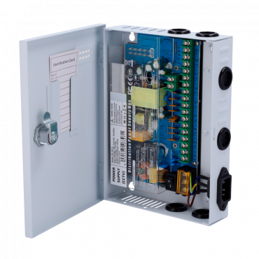 power distribution box - 1 input AC 180-246V 50-60Hz - 9 outlets per copper pair - Resettable fuse protection - Output voltage 12V / 120W - metal casing