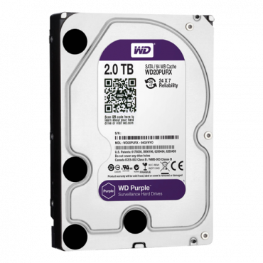HD2TB: Hard disk drive - Capacity 2 TB - SATA interface 6 GB/s - Model WD20PURX - Especially for Video Recorders - Loose or installed in DVR