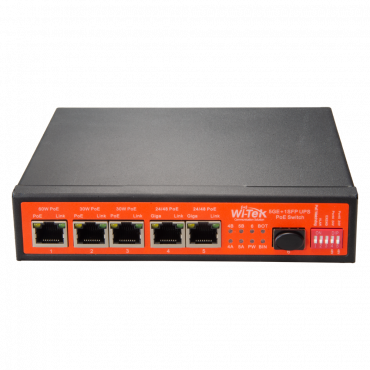 PoE Switch - 5 PoE ports + 1 SFP - Port speed 10/100/1000 Mbps - Port 60W 1 / ports 30W 2-5 / maximum 120W - PoE/PoE+/HiPoE IEEE802.3af/at/bt and Liabilities 24V - Supports battery backup 12V or 24V