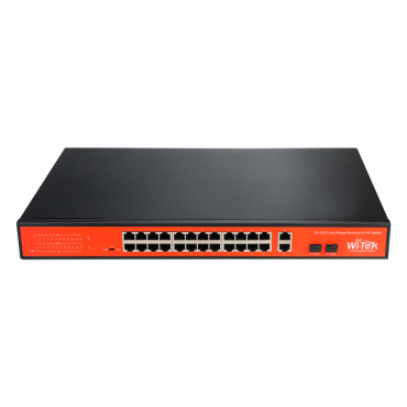 Switch - 24 PoE ports + 2 Gigabit Uplink + 1 SFP - Speed 10/100 Mbps - 30 W per port / Maximum 250 W / IEEE802.3af/at - Range up to 250m - PoE Watchdog / Priority / Isolated VLAN ports