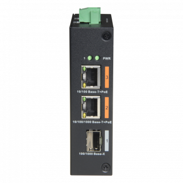 X-Security HiPoE Switch - 2 PoE ports + 1 Uplink port (SFP) - Speed 10/100/1000Mbps - Maximum consumption 60W - 2 HiPoE Ports - DIN Rail Installation