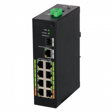 XS-SW1008EPOE-120-DIN: X-Security ePOE Switch - 8 PoE ports + 1 Uplink RJ45 + 1 SFP - Speed 10/100Mbps - Power 60 W per port - Total maximum power 120 W - Norm IEEE802.3at (PoE) / af (PoE+)