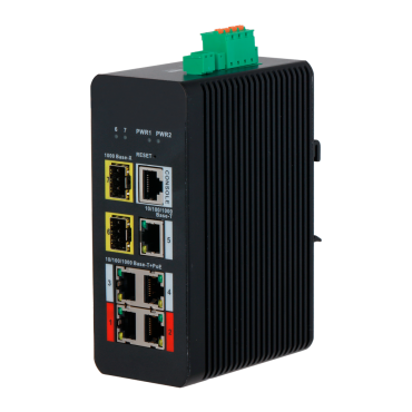 X-Security PoE Switch DIN Rail - 4 PoE ports RJ45 + 1 port RJ45 + 2 SFP - Speed 10/100/1000Mbps - 90W ports 1-2 / 30W ports 3-4 / Maximum 120W - PoE/PoE+/Hi-PoE / Up to 250m / PoE Watchdog - VLAN/STP/RSTP/ERPS/LACP/StaticLAG/IGMP 