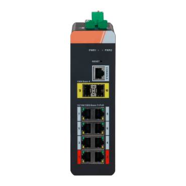 X-Security PoE Switch DIN Rail | 8 PoE RJ45 ports + 2 SFP ports | Speed 10/100/1000 Mbps | 90W ports 1-2 / 30W ports 3-8 / Maximum 120W | PoE/PoE+/Hi-PoE / Up to 250m / PoE Watchdog | VLAN/STP/RSTP/ERPS/LACP/StaticLAG/IGMP snooping
