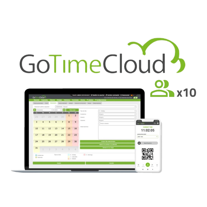Time attendance and access control licence | Cloud-based | Annual fee | Packet of 10 users | Remote GPS tracking | Generation and export of different reports | Multilanguage | Advanced functions