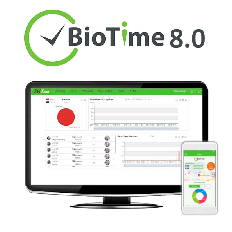 Time and attendance and access control app license | Capacity 60 users | One-time payment | Multilanguage | Advanced functions | Multitude of schedule reports | Requires ZK-BIOTIME8-x