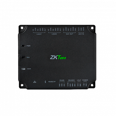 RFID access control panel - Access with card or password - TCP/IP | Connection to slave controller - 1 OSDP Entry ZKTeco | Aux - Relay output for 2 gates and 2 aux outputs - ZKBioAccess software 5 doors included