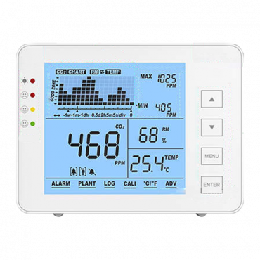 Temperatuur- en vochtigheidsmeter van CO2, - Met door de gebruiker programmeerbaar visueel en akoestisch alarm - Maximale / minimale waarde - Meetbereik van CO2 0 ~ 5000 ppm - Capaciteit om gegevens op te slaan tot 1 week