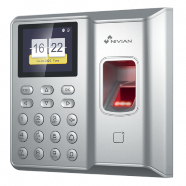 NV-TIMEACCESS-IP: Access and Attendance control - Fingerprint, Mifare Card and PIN - 1.000 recordings / 100.000 records - TCP/IP, USB, Time and Attendance Modes - Integrated controller (Relay and doorbell) - Nivian Control Center AC Softwar