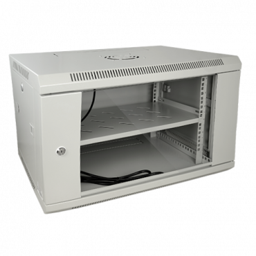 Rackkast voor wand - Tot 6U rack van 19" - Tot 60 kg belasting - Met ventilatie en kabeldoorvoer - Inclusief ventilator en tray - Inclusief meerdere connectoren van 6 stopcontacten