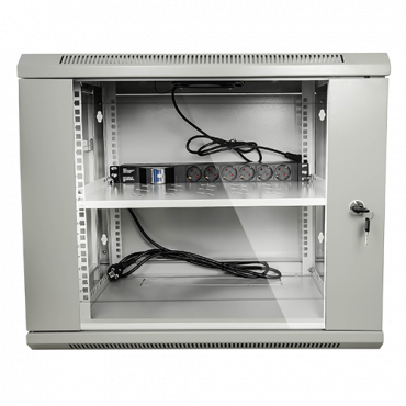 Rackkast voor wand - Tot 6U rack van 19" - Tot 60 kg belasting - Met ventilatie en kabeldoorvoer - Inclusief ventilator en tray - Inclusief meerdere connectoren van 6 stopcontacten