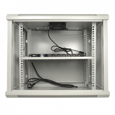 Rack cabinet for wall - Up to 9U rack of 19" - Up to 100 kg load - With ventilation and cable passage - Fan and tray included - Aluminum strip of 6 jacks
