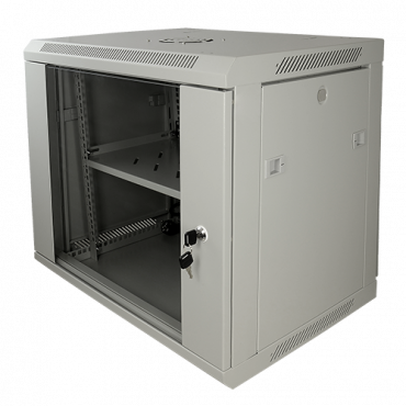 Rackkast voor wand - Tot 9U rack van 19" - Tot 100 kg belasting - Met ventilatie en kabeldoorvoer - Inclusief ventilator en tray - Aluminium strip van 6 jacks