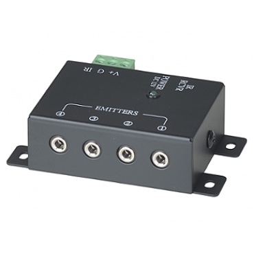 1 x 4 IR Repeater Distributor with one screw/one plug connector for IR Recceiver - Built-in 4 emitter outputs - Built-in removable connector for system connection - Power receptacle with LED indicator