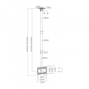 VESA-monitorbeugel - Voor dak- of hellende oppervlakken - Kantelen en roteren van voet / standaard - Uitschuifbaar van 720 mm tot 1590 mm - Maximale belasting 50 kg - Voor 23 "~ 43" schermen.