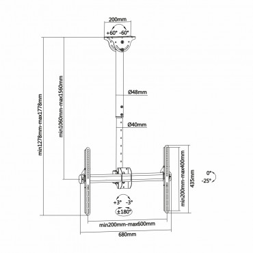 Bracket for LCD monitor - Ceiling installation - 0º~25º Inclination 360º Rotation - Extensible from 1060 mm to 1560 mm - Maximum load 50 Kg - Screens 37"~ 70"