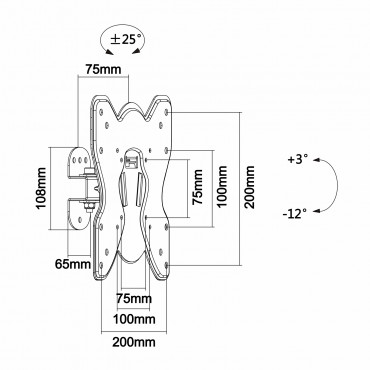 Muurbeugel voor LCD-monitor - Helling -12º~ 3º - Rotatie -25º~ 25º - Muurscheiding 75 mm - Maximale belasting 25 Kg - Schermen 23"~42"