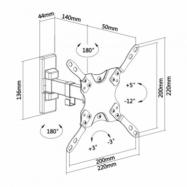 Muurbeugel voor LCD-monitor - Helling -12º~ 5º - Rotatie -90º~ 90º - Muurscheiding 60~190 mm - Maximale belasting 20 Kg - Schermen 13"~42"