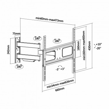Bracket for LCD monitor - Wall installation - 30º Inclination 180º Rotation - Wall separation 60~473 mm - Maximum load 50 Kg - Screens 37"~70"