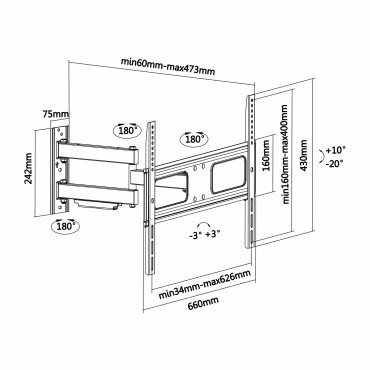 Beugel voor LCD-monitor - Wandmontage - 30º Helling 180º Rotatie - Muurscheiding 60~473 mm - Maximale belasting 50 Kg - Schermen 37"~70"