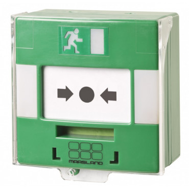 Surface green manual call point for emergency exits, with 3 changeover contacts, LED and buzzer