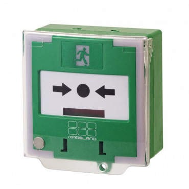 Surface green manual call point for emergency exits, with 3 changeover contacts, LED and buzzer