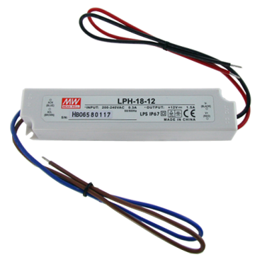 Water resistant power supply, 12V / 1.500mA, Stabilized, IP67, Input and output per pair copper, Maneuverable and easy installation