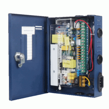 PD-120-9-SLIM: Slim power distribution box - 1 AC input 220 V 5OHz - 9 outputs - Resettable fuse protection - Output voltage 12 V / 120 W - Metal housing