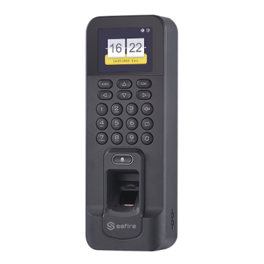 Access and Attendance control - Fingerprints, keyboard and EM card - 3.000 recordings / 100.000 records - TCP/IP, MiniUSB, RS485, Wiegand and Relay - Integrated controller - Safire Control Center-software