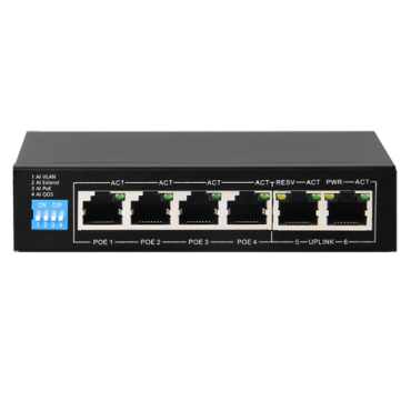 SF-SW0604POE-G-60: PoE-switch - 4 PoE-poort (en) + 2 Up-link-poort (en) - Snelheid tot 1000 Mbps op alle poorten - Tot 60 W in totaal voor alle poorten - Bandbreedte 12 Gbps - Norm IEEE802.3at (PoE) / af (PoE +)