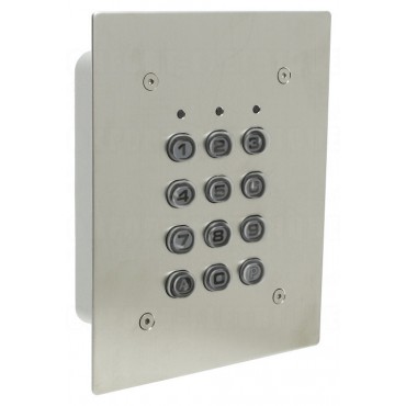 Inox mortice mounted housing - polycarbonate keys - 12V AC/DC - IP65 - 1 relais CRT 1A / 1 open collector 250 mA
