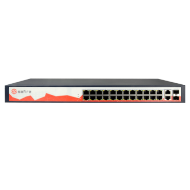 PoE Safire Switch - 24 PoE ports + 2 Gigabit Combo Port - Speed 10/100 Mbps - 30 W per port / Maximum 250W - Range up to 100m - Standard IEEE802.3at (PoE) / af (PoE +)