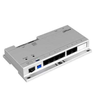 Speciale PoE-switch - 6 IP-uitgangspoorten - Aansluiting RJ45 IN / OUT Ethernet - TCP / IP met RJ45 - Voorziet IP-video-intercoms - Opbouw- of DIN-railmontage